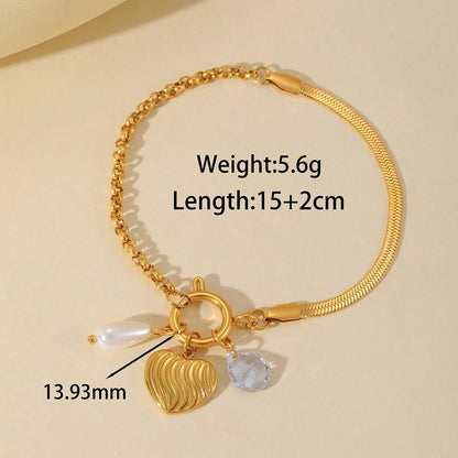 Cross Heart Shape Flower Pearl Bracelet [304 Stainless Steel 18K Gold Plated]