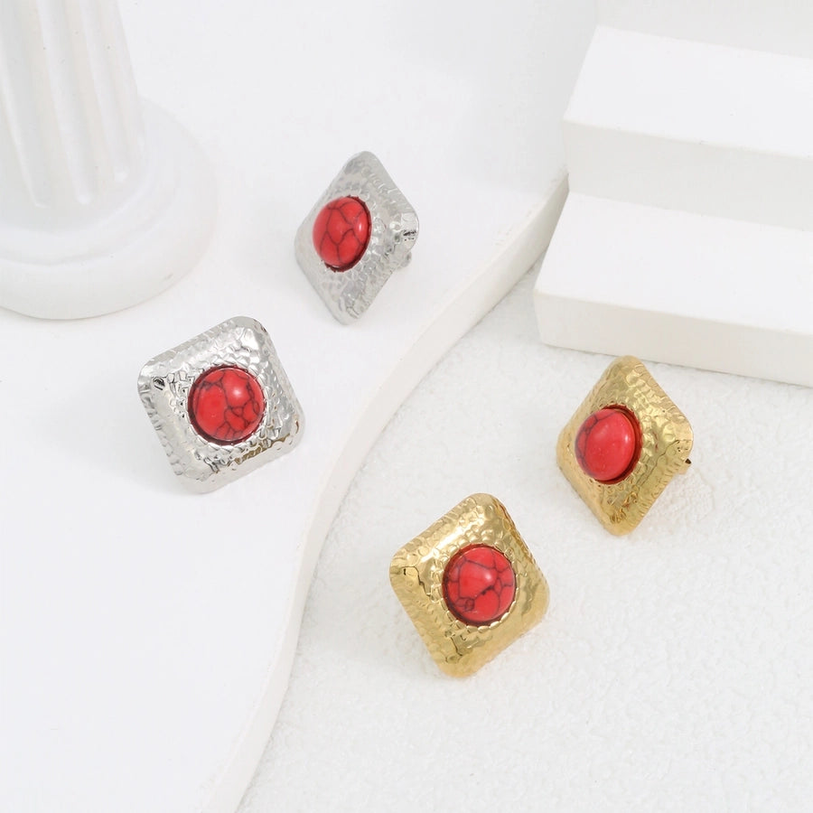 Square Natural Stone Ear Studs [304 Stal nierdzewna, 18 -karatowy złota]