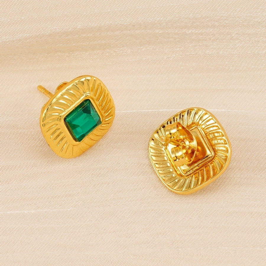 Square Green Glass Stone Earrings [304 Stainless Steel,18K Gold Plated]