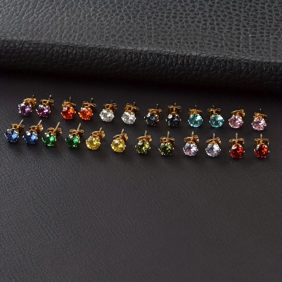 Round Colored Rhinestone Stud Earrings [304 Stainless Steel,18K Gold Plated]