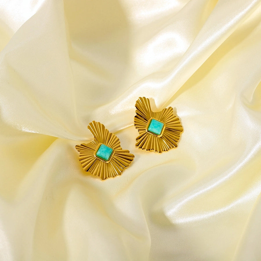 Pendientes turquesa de hojas [304 acero inoxidable, 18k dorado chapado]