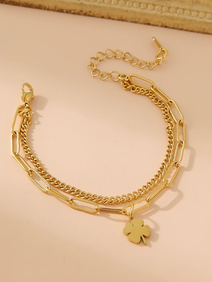 Cross Four Leaf Clover Butterfly Bracelet [304 Stainless Steel,18K Gold Plated]