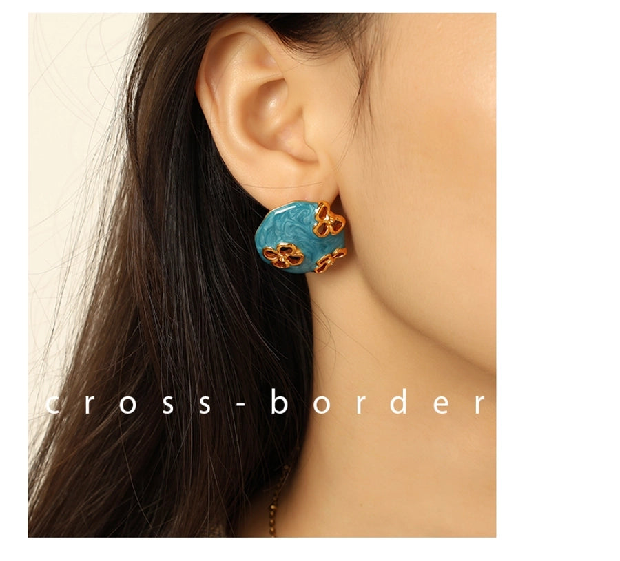 French Style Flower Resin Earrings [304 Stainless Steel,18K Gold Plated]