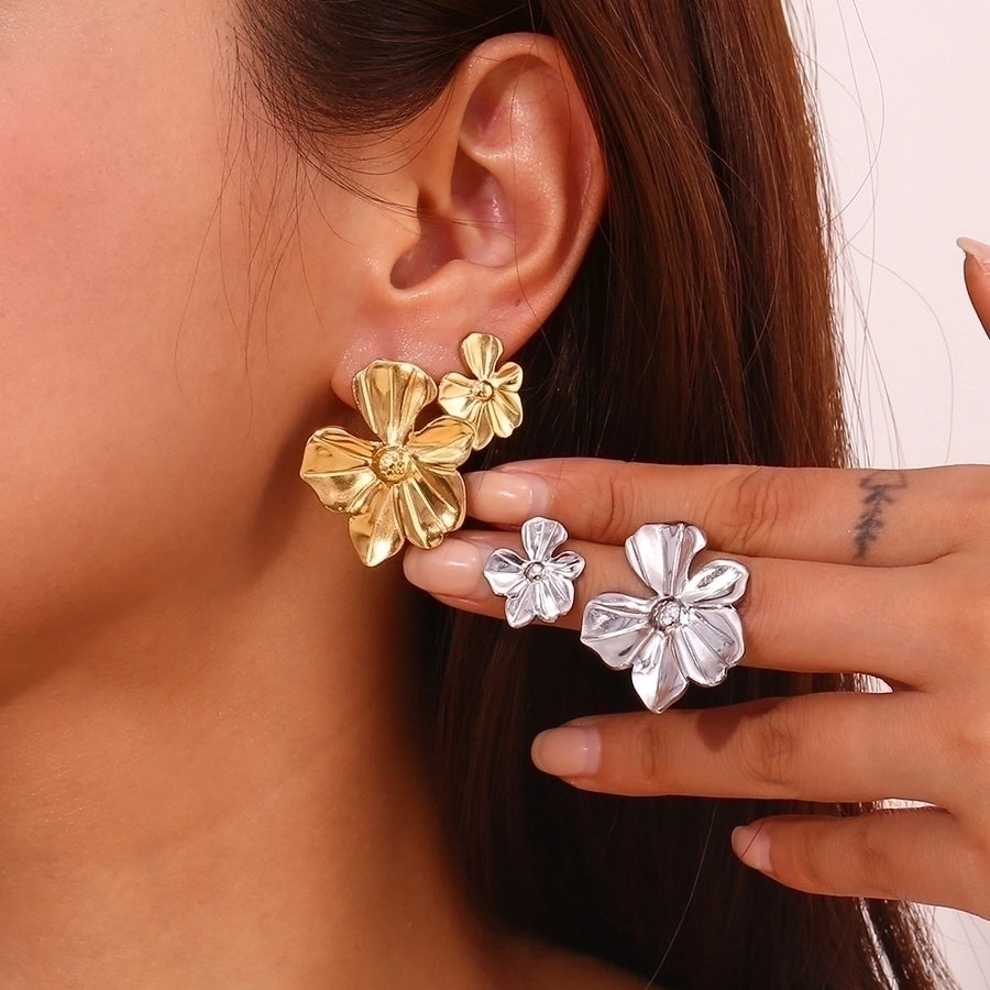 Mix Flower Earrings [304 Stainless Steel,18K Gold Plated]