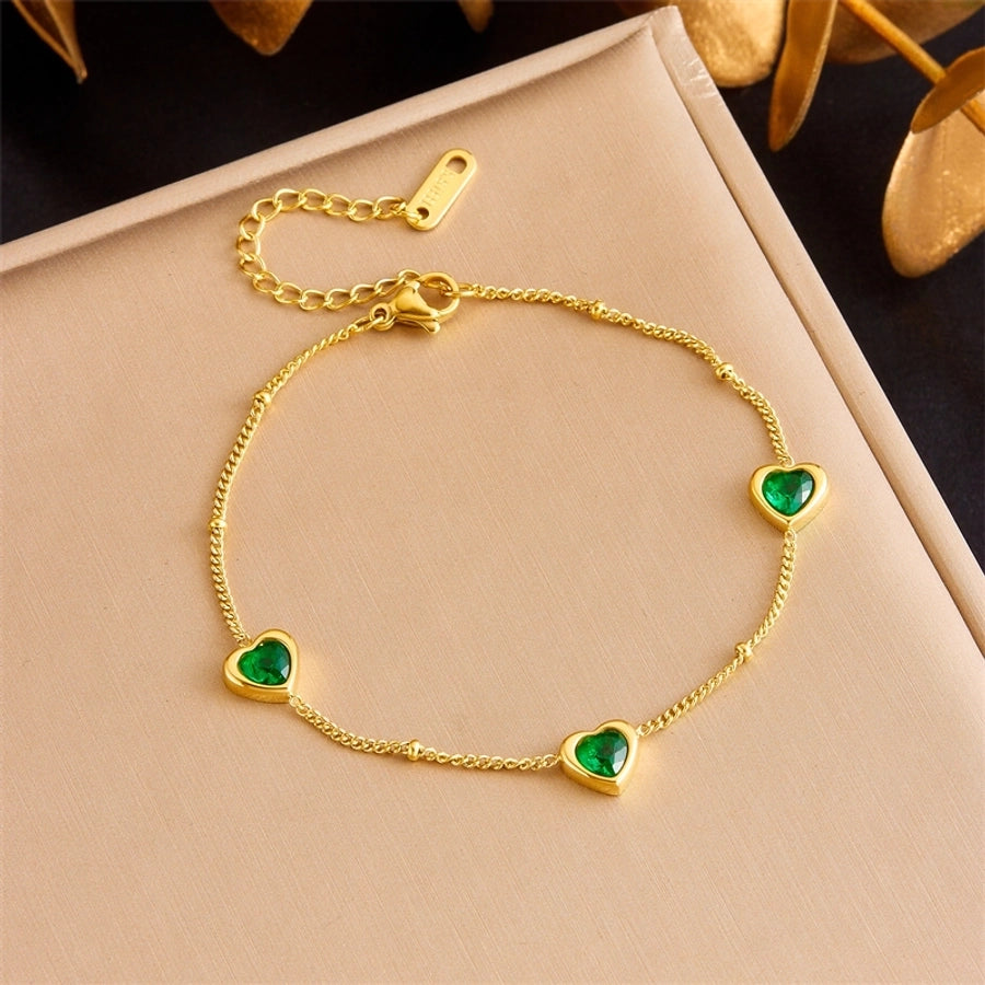 Green Glass Heart Shape Bracelet [304 Stainless Steel, 18K Gold Plated]