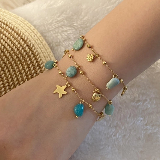 Pulsera de piedra natural de Starfish/Shell Fish/Tail [304 acero inoxidable, 18k de oro chapado]