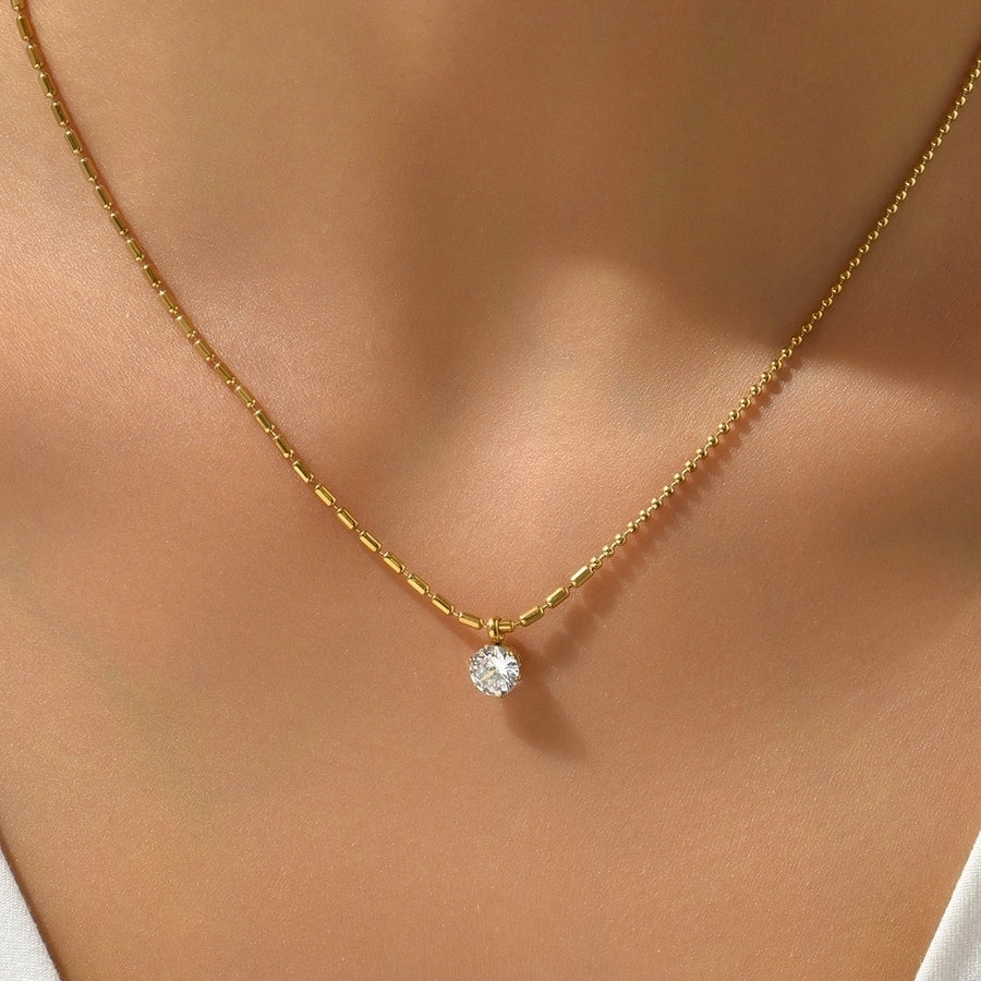 Round Zircon Necklace [304 Stainless Steel,14K Gold Plated]