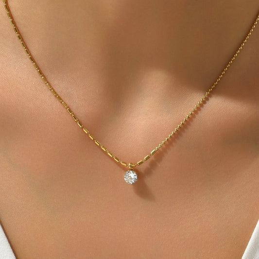 Collier zircon rond [304 en acier inoxydable, plaqué or 14K]