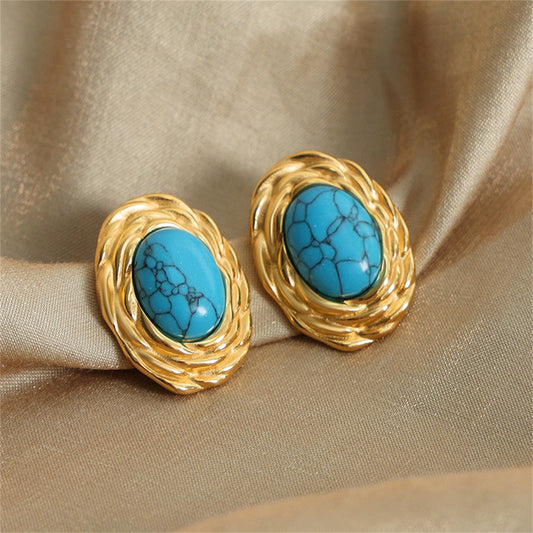 Pendientes de turquesa ovalados [304 acero inoxidable, 18k dorado chapado]