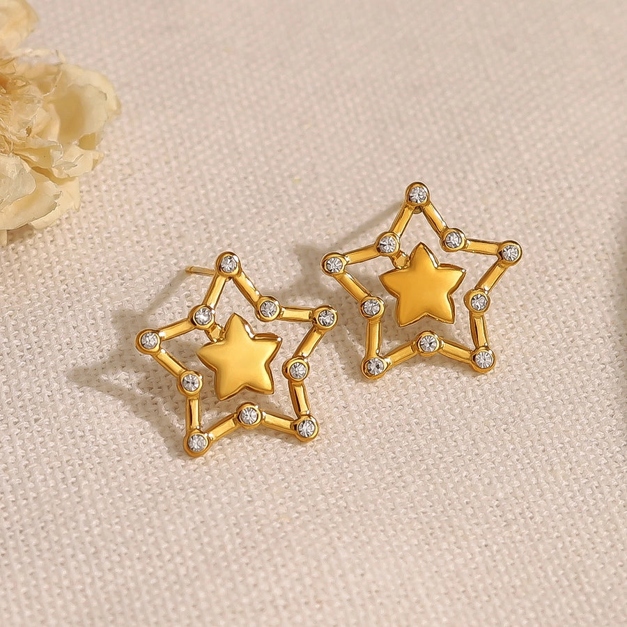 Star Polishing Zircon Earrings [304 Stainless Steel,18K Gold Plated]