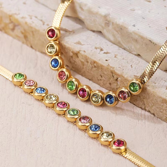 Bracelet de zircon coloré / collier [304 en acier inoxydable, 18 carats en or]