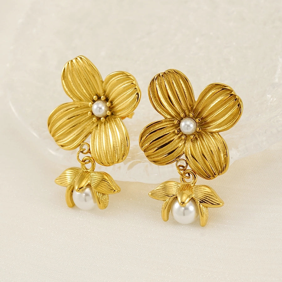 Bridal Flower Artificial Pearls Drop Earrings [304 Stainless Steel,18K Gold Plated]