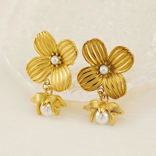 Pendientes de caída de perlas artificiales de flores nupciales [304 acero inoxidable, 18k dorado chapado]