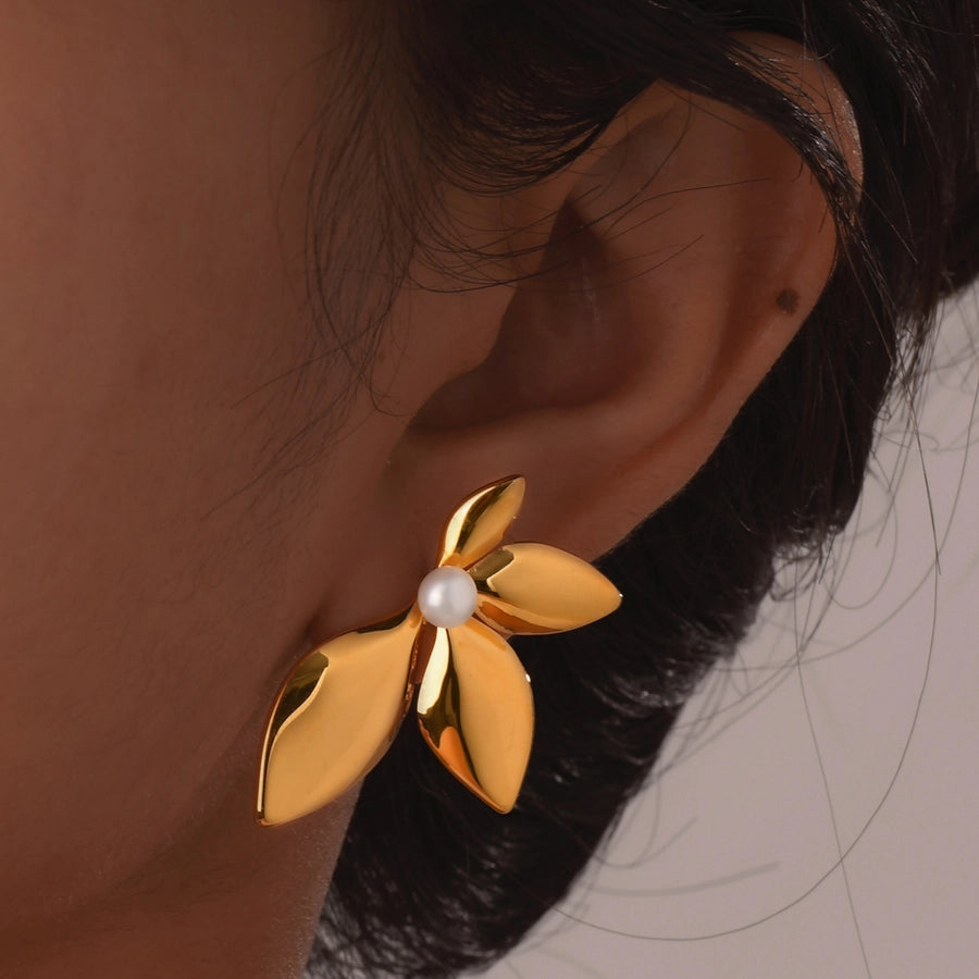 Leaf Plating Artificial Pearls Earrings [304 Stainless Steel,18K Gold Plated]