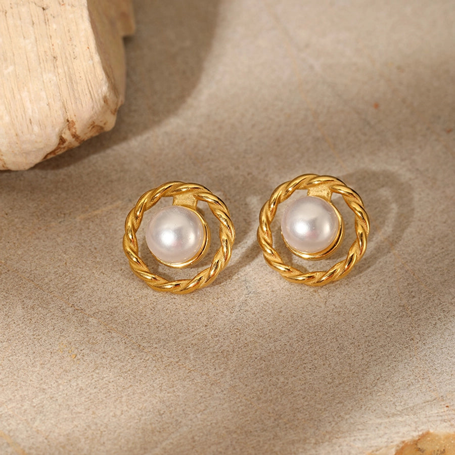 Round Artificial Pearls Ear Studs [304 Stainless Steel,18K Gold Plated]