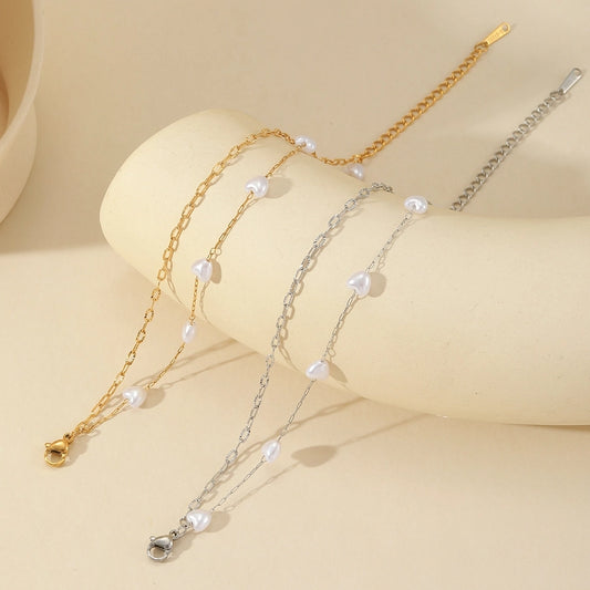 Elegant Cute Pearl Paperclip Chain Bracelets [304 Stainless Steel 18K Gold Plated]