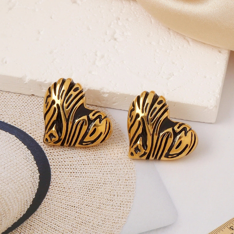 Retro Print Heart Earrings [304 Stainless Steel]