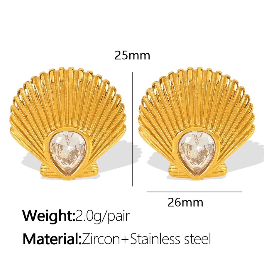 Scallop Zircon Earrings [304 Stainless Steel,18K Gold Plated]