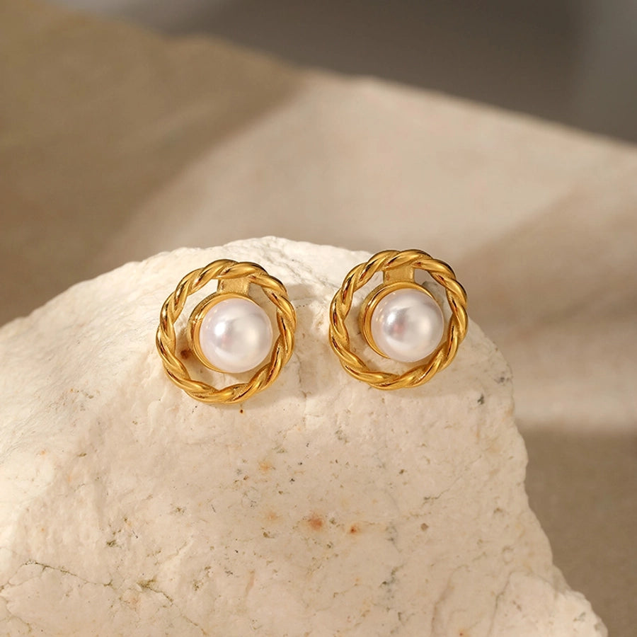 Round Artificial Pearls Ear Studs [304 Stainless Steel,18K Gold Plated]