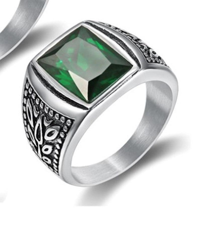 retro geometric stainless steel inlay artificial gemstones men's rings