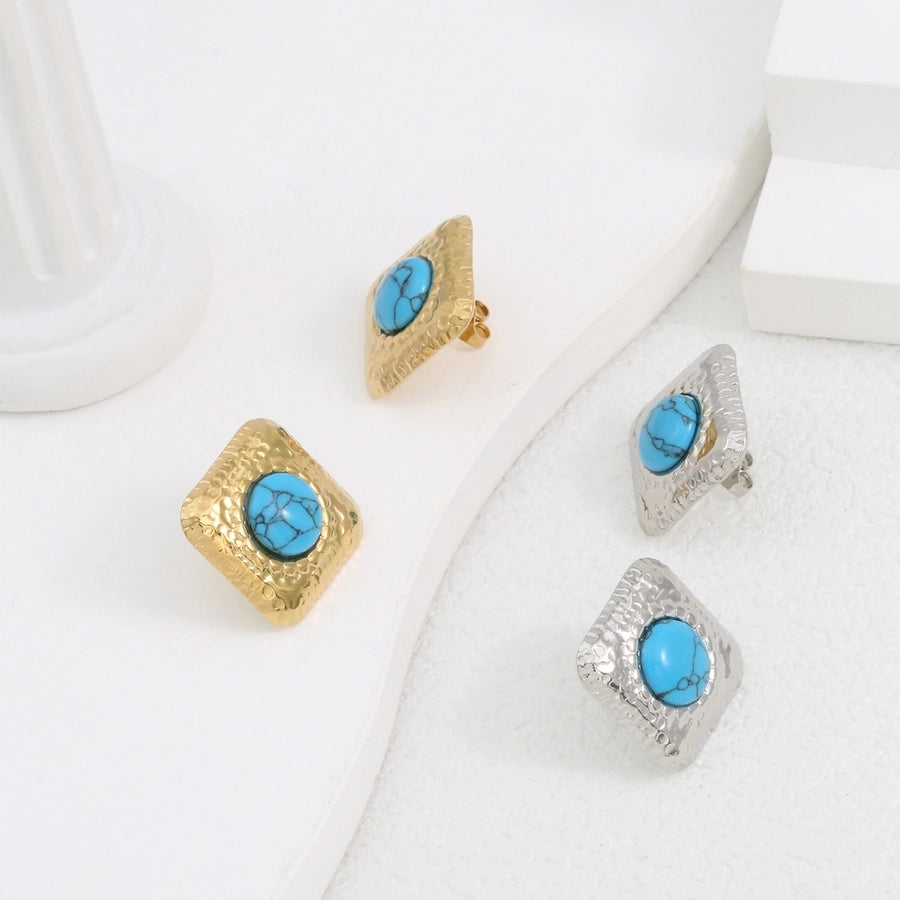 Square Natural Stone Ear Studs [304 Stal nierdzewna, 18 -karatowy złota]