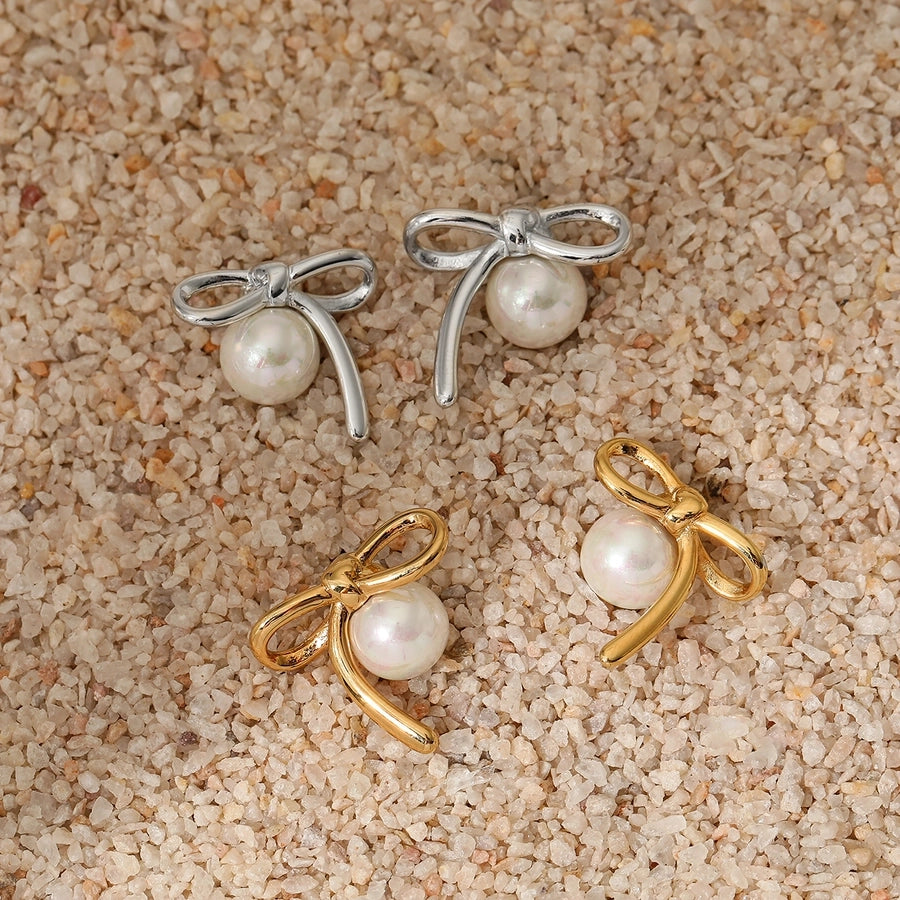 Artistic Bow Knot Artificial Pearls Earrings [304 Stainless Steel,16K Gold Plated]