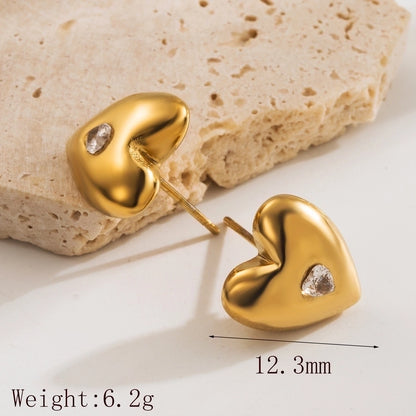 Heart Shape Zircon Ear Studs [304 Stainless Steel,18K Gold Plated]