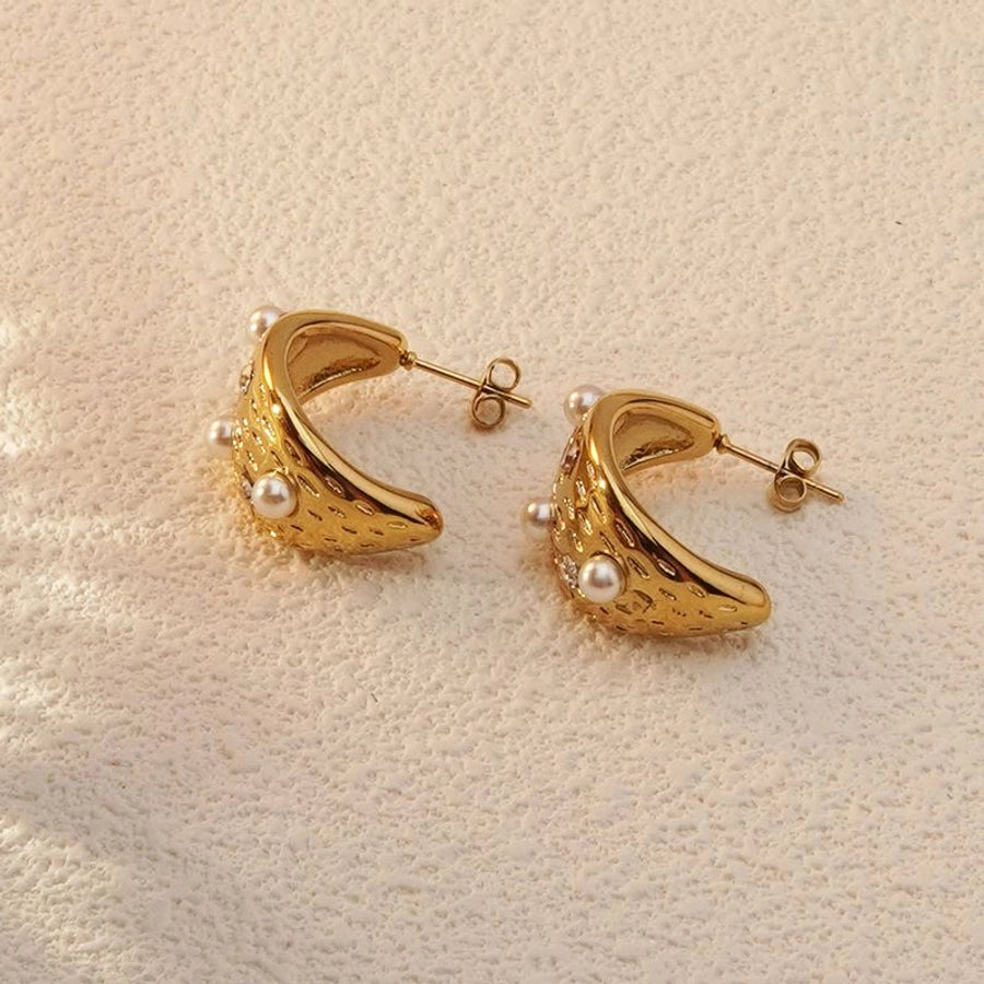 Shiny Semicircle Pearl Earrings [304 Stainless Steel,18K Gold Plated]