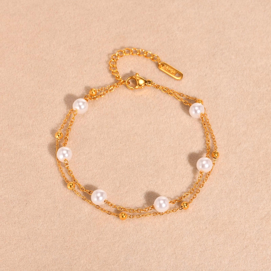 Imitation Pearl Layered Chain Bracelet [201 Stainless Steel, 18K Gold Plated]