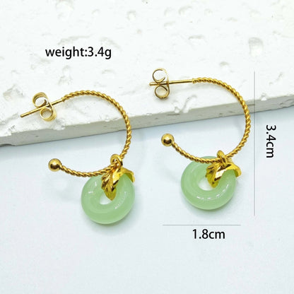 Green Pink Stone Hoop Earrings [304 Stainless Steel,18K Gold Plated]