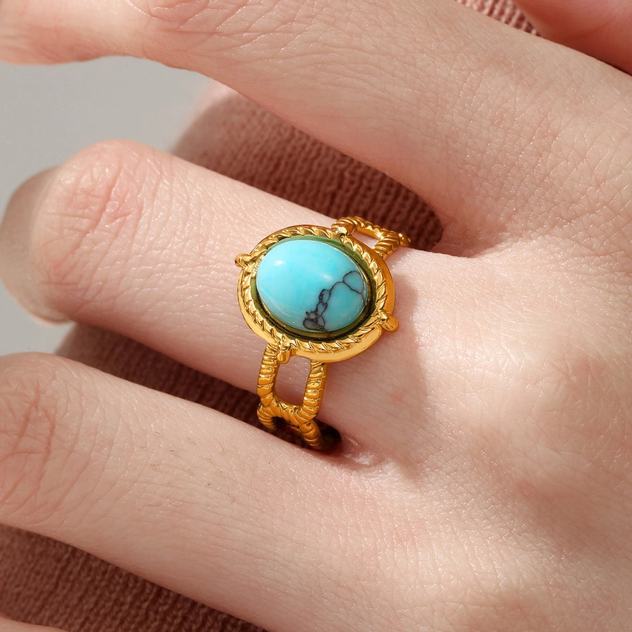 Round Square Turquoise Open Ring [201 Stainless Steel, 18K Gold Plated]