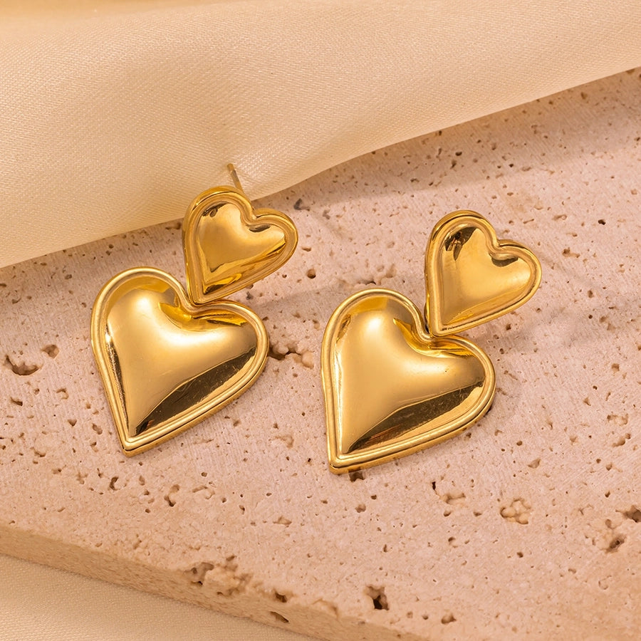 Double Heart Earrings [Stainless Steel, 18K Gold Plated]