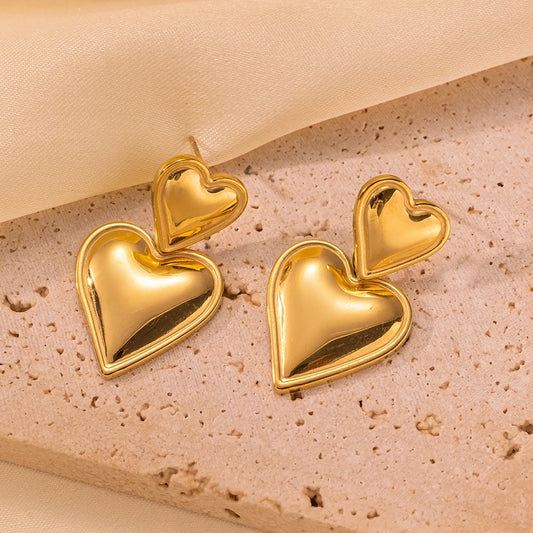 Double Heart øreringer [rustfritt stål, 18K gullbelagt]