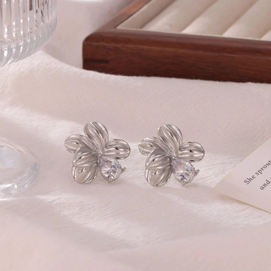 Flower Inlay Zircon Earrings [304 Stainless Steel]