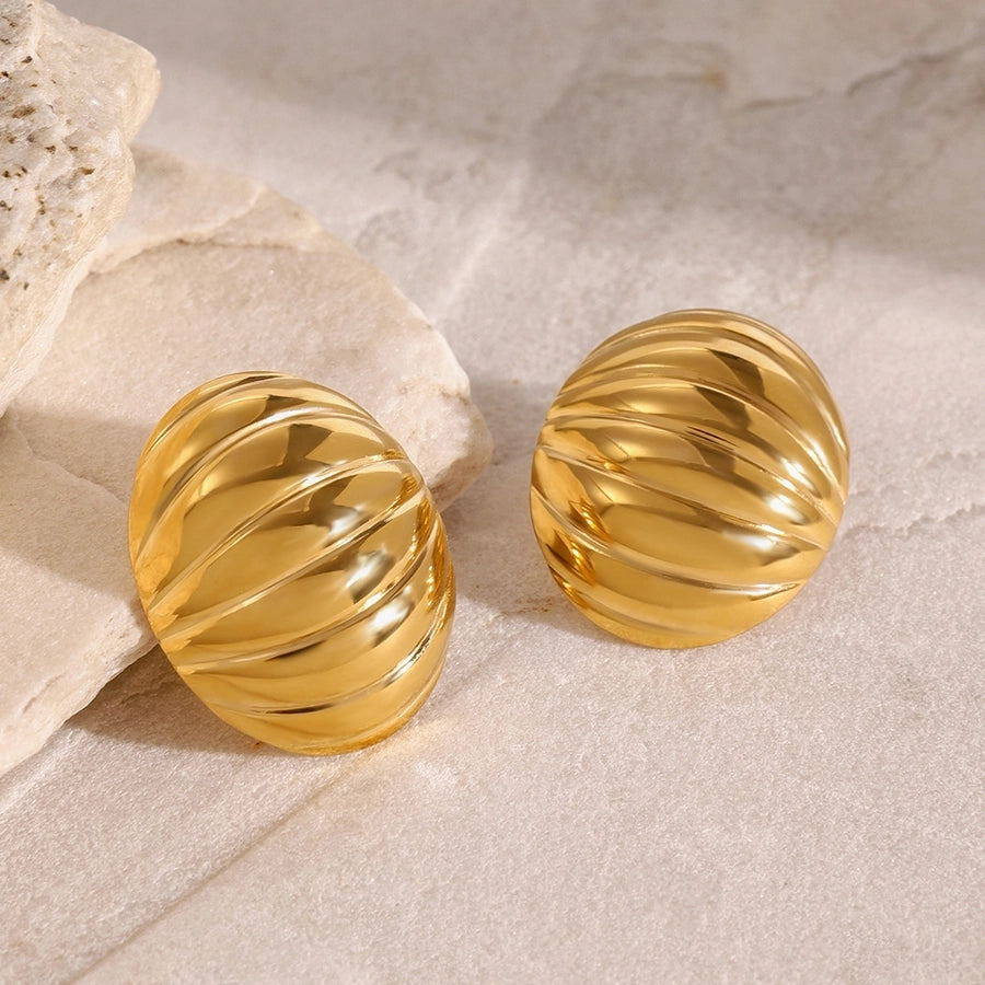 Oval Glossy Rib Concave and Convex Chubby Earrings [304 Stainless Steel, 18K Gold Plated]