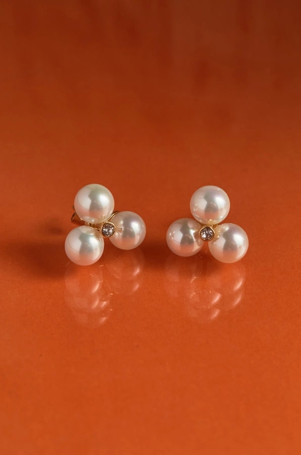 Three Pearl Earrings [304 Stainless Steel,16K Gold Plated]