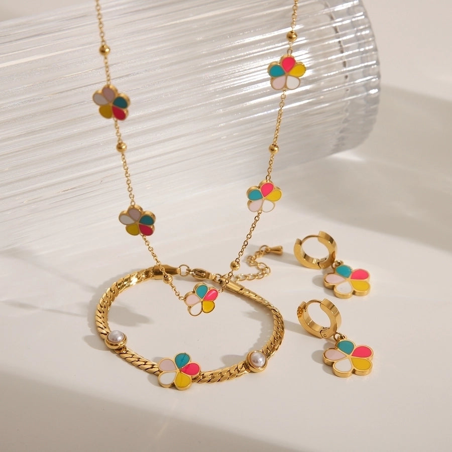 Bright Colored Flower EnamelEarrings/Necklace [304 Stainless Steel, 18K Gold Plated]