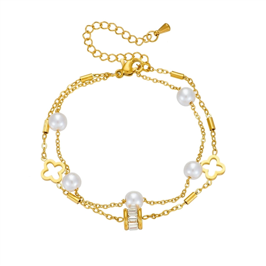 Pearl Flower Layered Anklet [Stainless Steel, 18K Gold Plated]