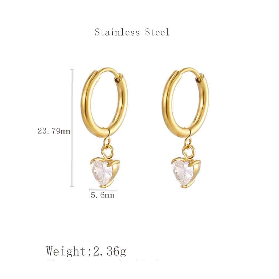 Heart Shape Rhinestones Hoop Drop Earrings [304 Stainless Steel,18K Gold Plated]