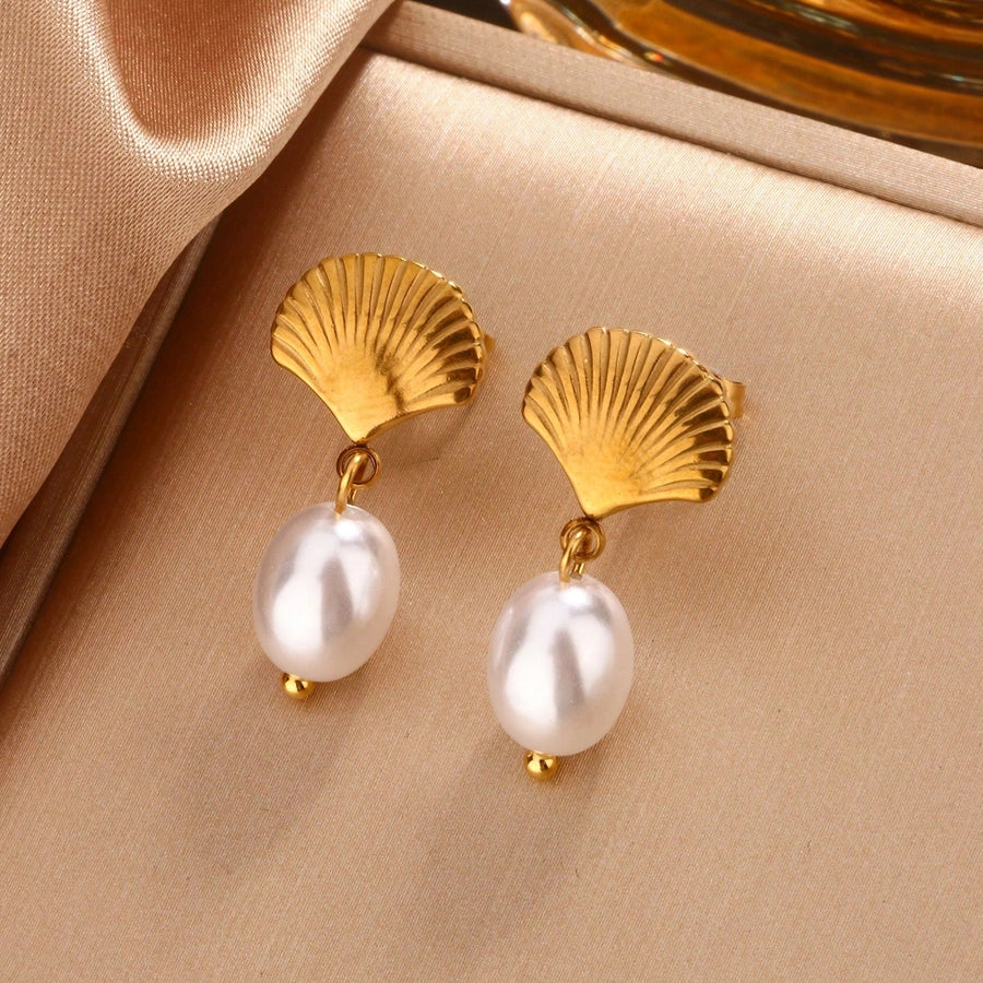 Tropical Geometric Sector Artificial Pearls Earrings [304 Stainless Steel, 18K Gold Plated]