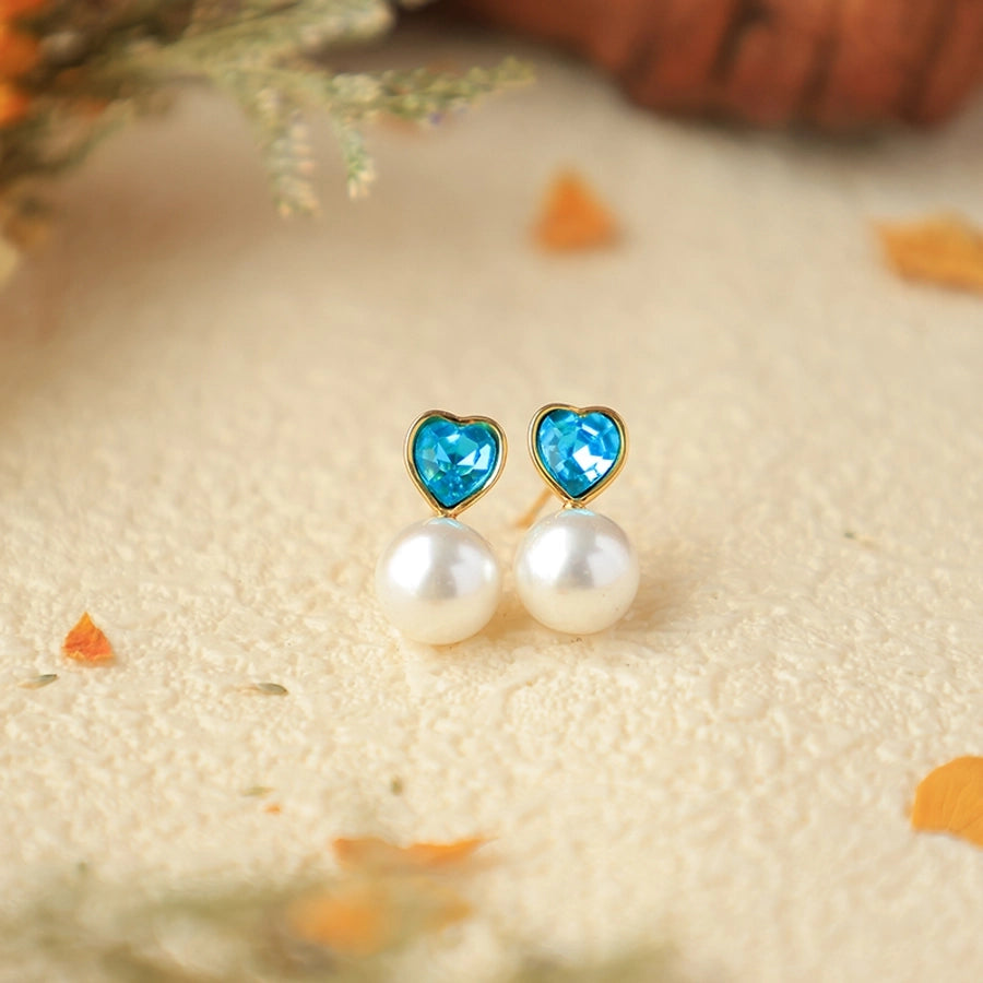 Heart ShapeZircon Pearl Earrings [304 Stainless Steel,14K Gold Plated]