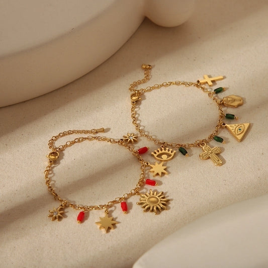 Pulseras de estrellas cruzadas/sol/ocho puntas [304 acero inoxidable, 18k dorado chapado]