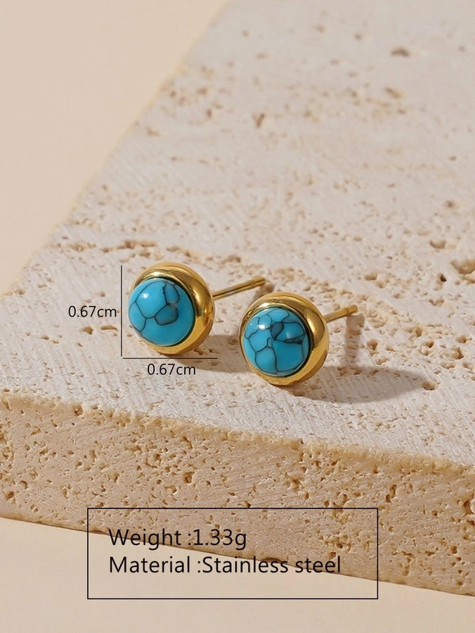 Retro Round Plastic Turquoise Jewelry Set [304 Stainless Steel, 18K Gold Plated]