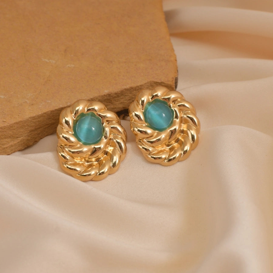 Oval Stones Earrings [304 Stainless Steel,18K Gold Plated]