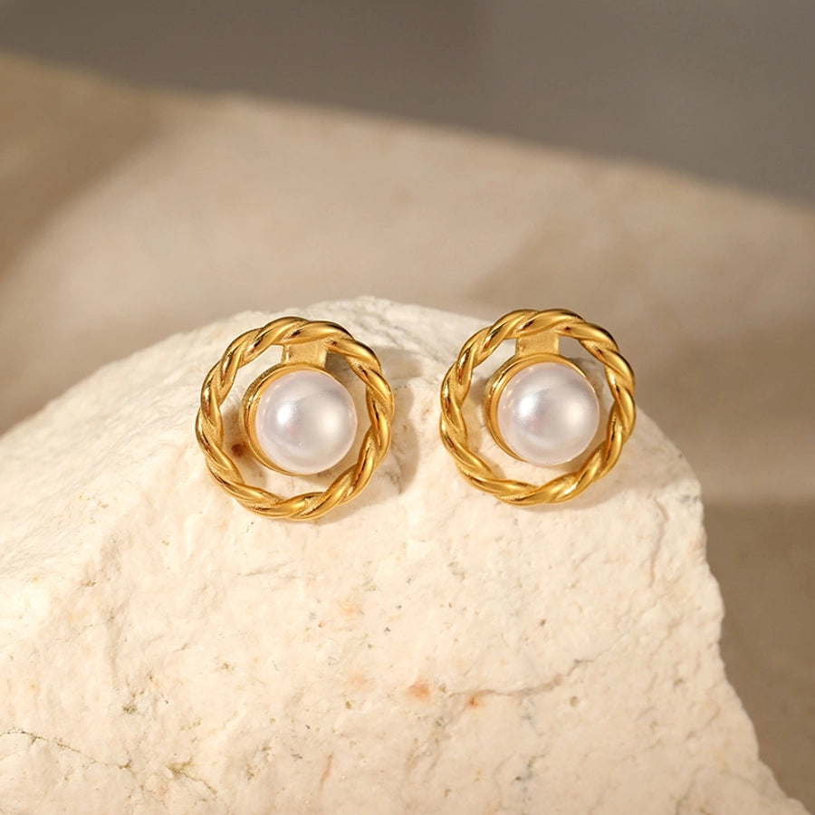 Round Artificial Pearls Ear Studs [304 Stainless Steel,18K Gold Plated]