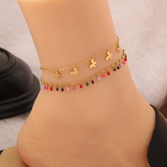 Star Flower Butterfly Ematel Anklet [304 en acier inoxydable, 18 km plaqué]]