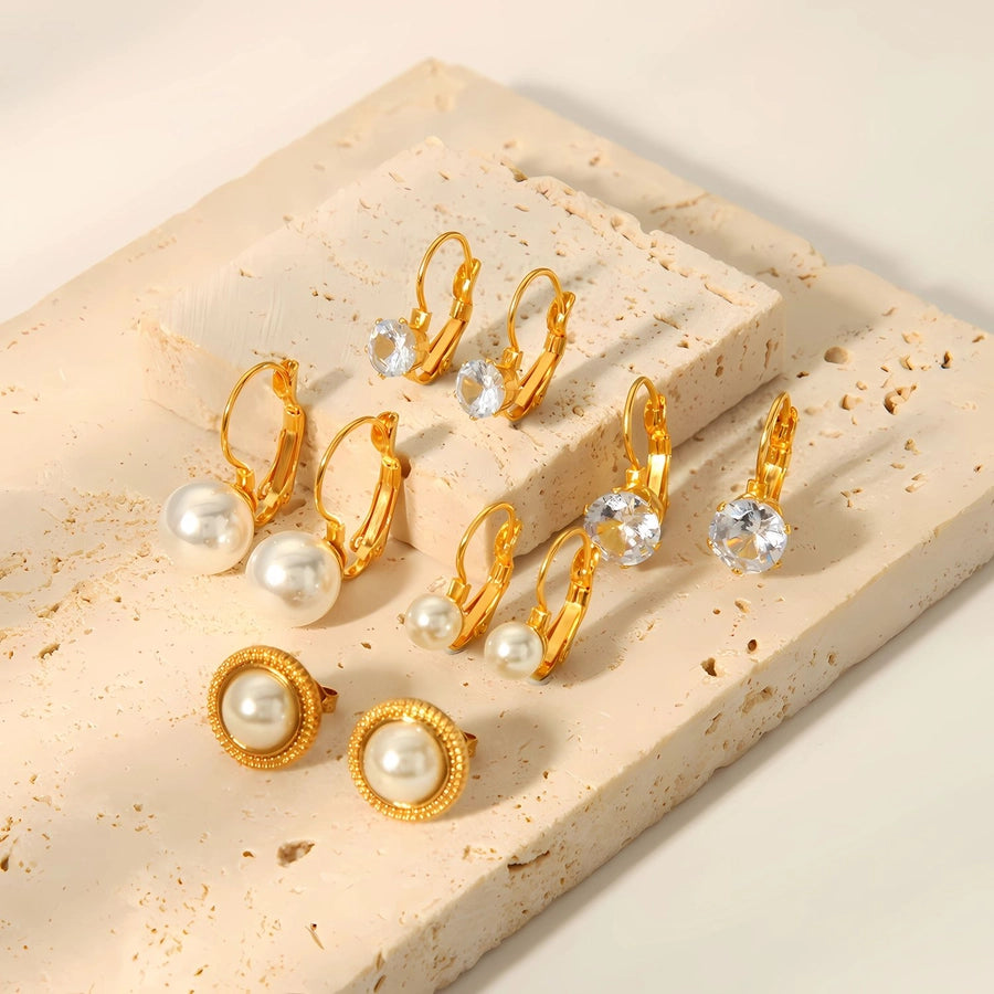 Pearl Zircon Stud Earrings [304 Stainless Steel, 18K Gold Plated]