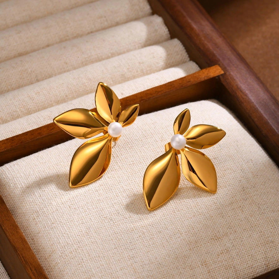 Leaf Plating Artificial Pearls Earrings [304 Stainless Steel,18K Gold Plated]