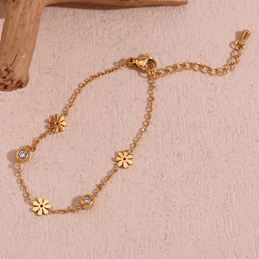 Flower Zircon Bracelet [304 Stainless Steel,18K Gold Plated]