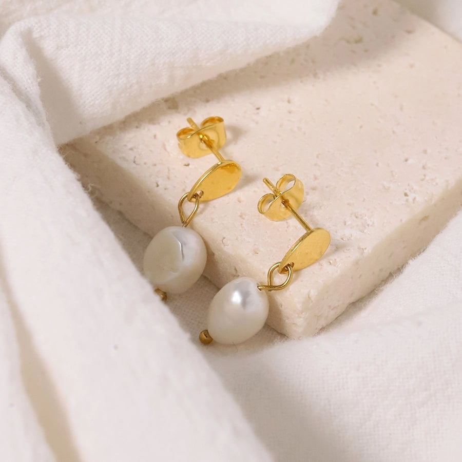 Water Droplets Plating Inlay Pearl Earrings [304 Stainless Steel,18K Gold Plated]